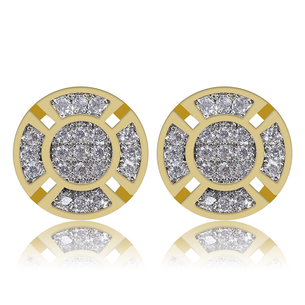 Men's Round Hip Hop Diamond Stud Earrings Gold