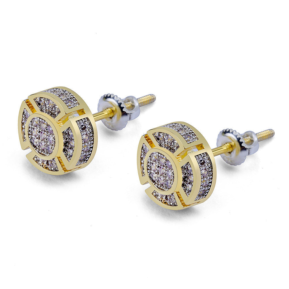 Men's Round Hip Hop Diamond Stud Earrings Gold